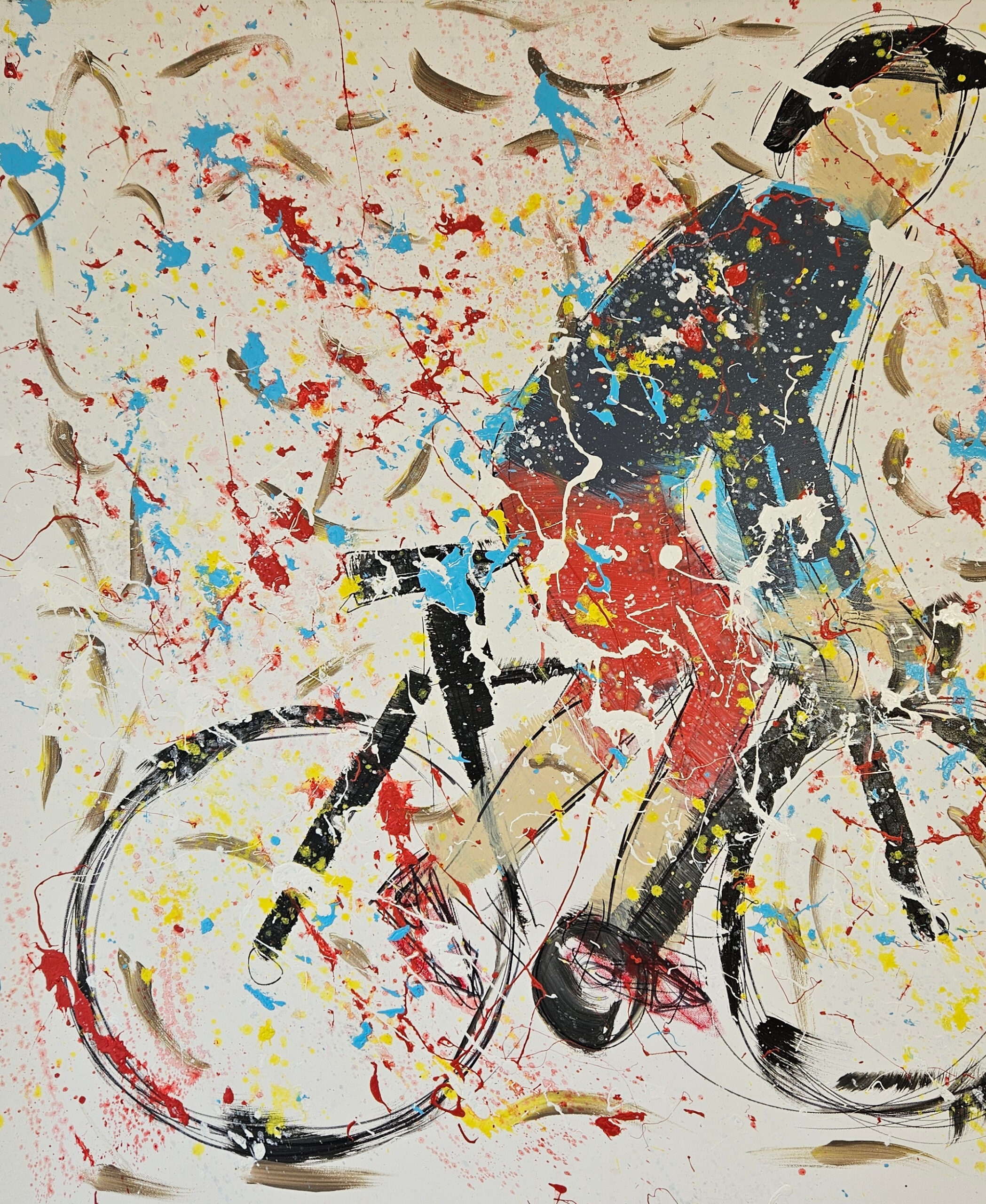 Vélo, cycliste au maillot gris en danseuse peinture acrylique moderne sur toile 100x100cm – Image 3