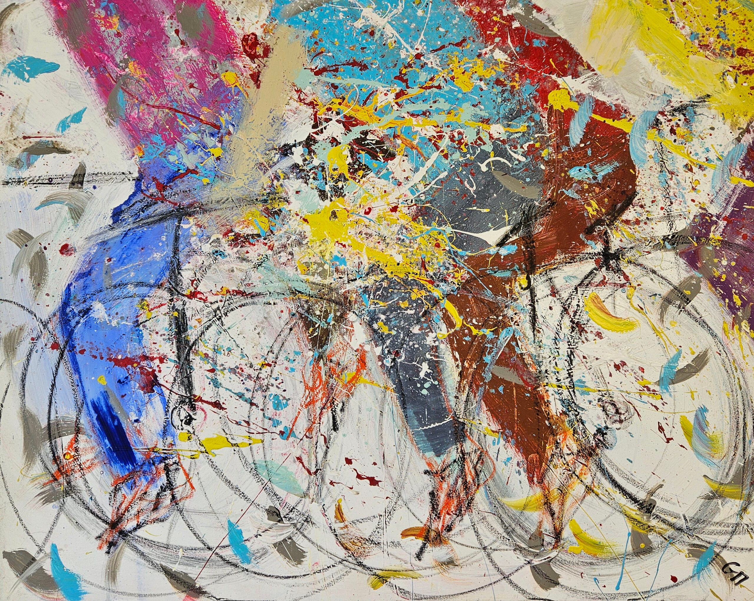 Vélo, cyclistes sprint final peinture acrylique sur toile 100x100cm – Image 4