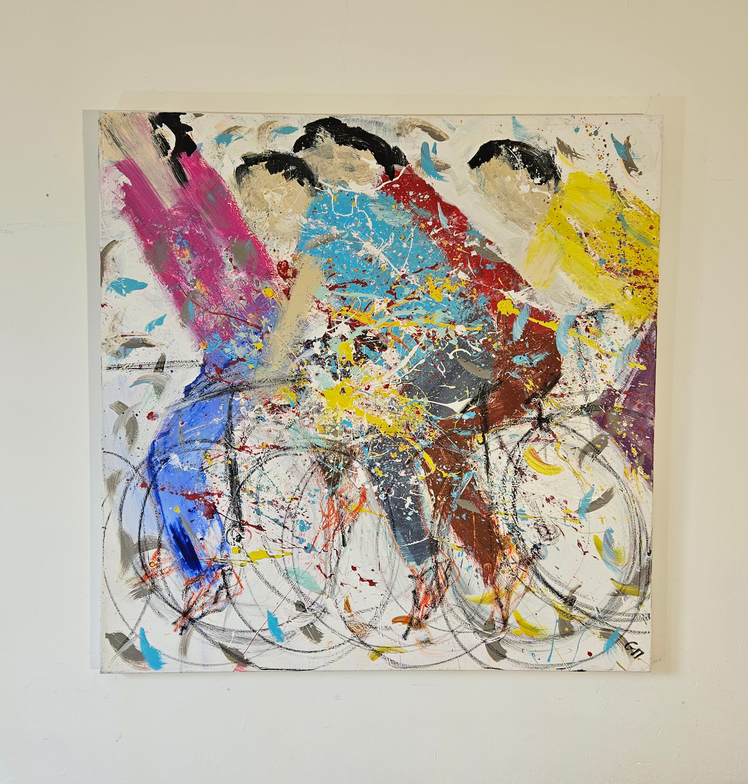 Vélo, cyclistes sprint final peinture acrylique sur toile 100x100cm – Image 5