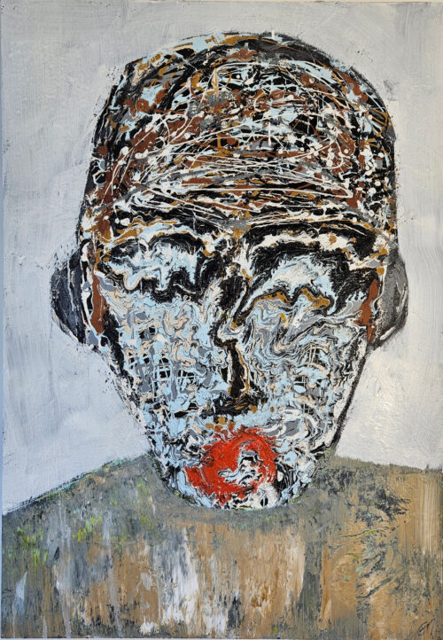Tête, portrait d'homme au visage effrayé peinture acrylique moderne sur toile 100x73cm