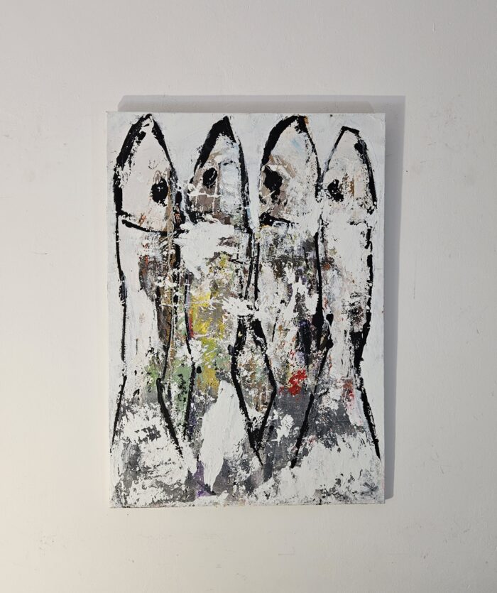 Sardines marron, jaunes, vertes sur papier peinture acrylique sur toile 92x65cm – Image 2