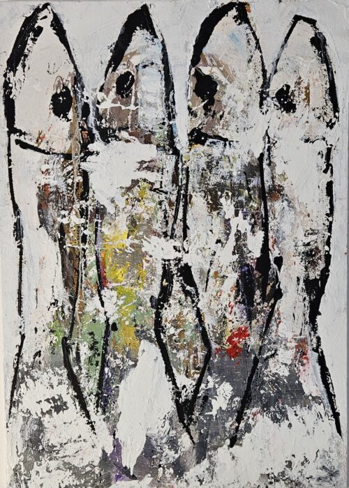 Sardines marron, jaunes, vertes sur papier peinture acrylique sur toile 92x65cm