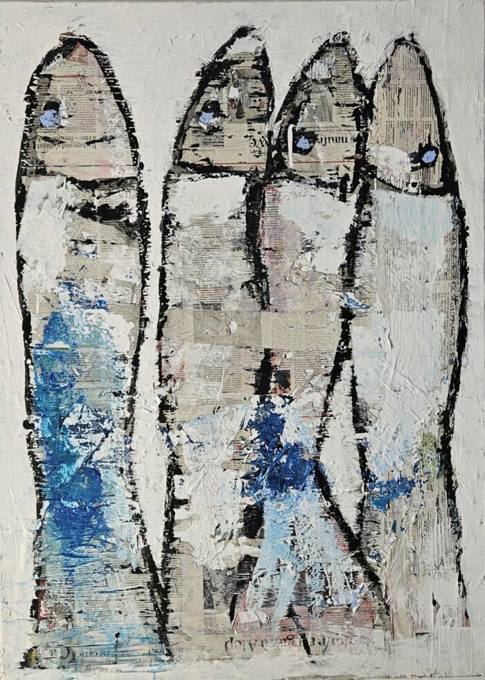 Sardines bleu sur papier peinture acrylique sur toile 100x73cm