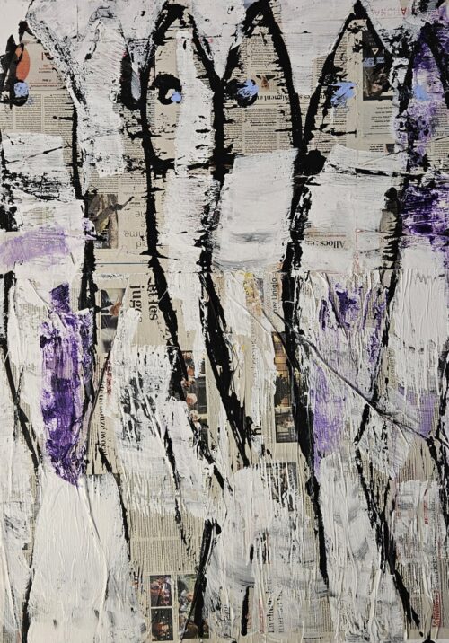 Sardines violettes sur papier peinture acrylique sur toile 100x73cm