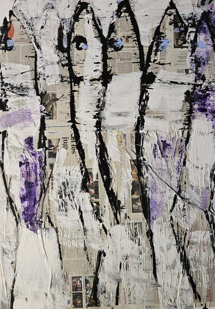 Sardines violettes sur papier peinture acrylique sur toile 100x73cm