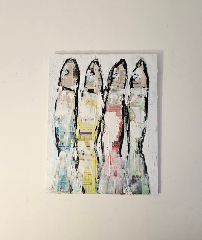 Sardines bleues, jaunes, rouges, vertes sur papier peinture acrylique sur toile 92x73cm – Image 2
