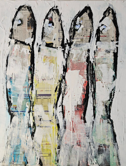 Sardines bleues, jaunes, rouges, vertes sur papier peinture acrylique sur toile 92x73cm