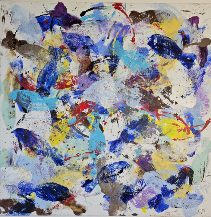 Poissons abstraits bleus et violets peinture acrylique sur toile 100x100cm