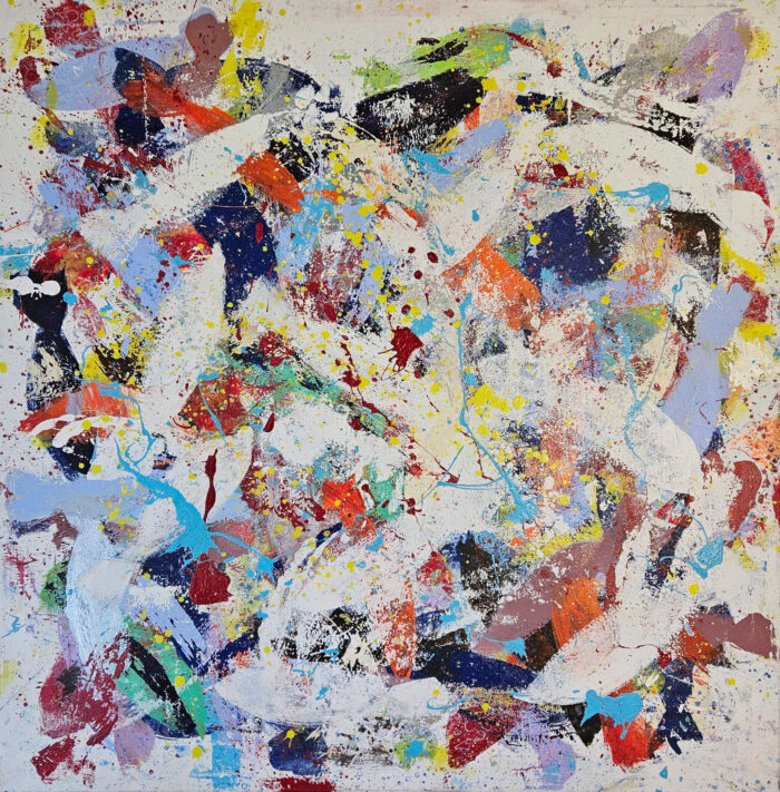 Poissons abstraits bleus et blancs peinture acrylique sur toile 100x100cm