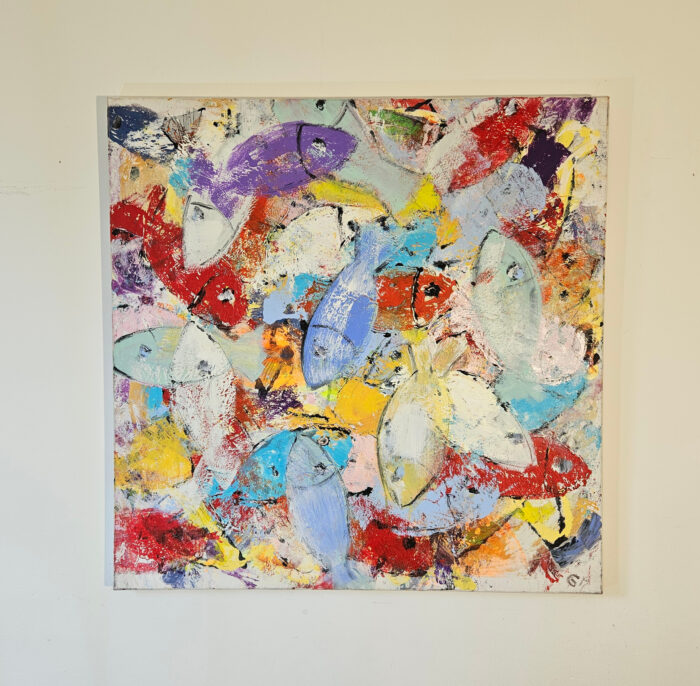 Poissons multicolores 2 peinture acrylique sur toile 100x100cm – Image 2