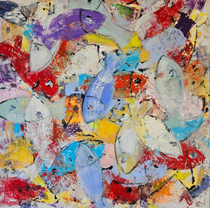 Poissons multicolores 2 peinture acrylique sur toile 100x100cm