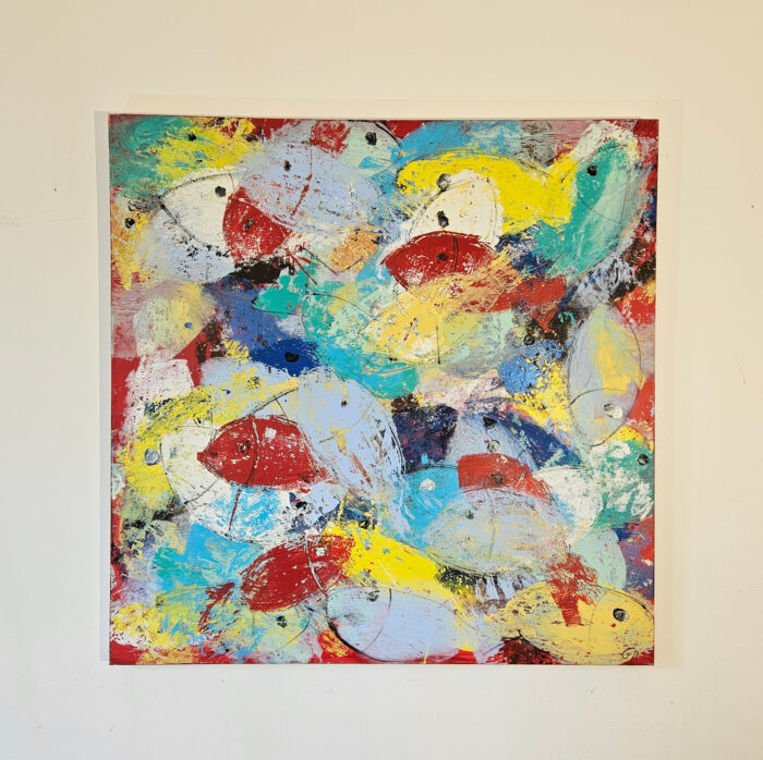 Poissons multicolores peinture acrylique sur toile 100x100cm – Image 2