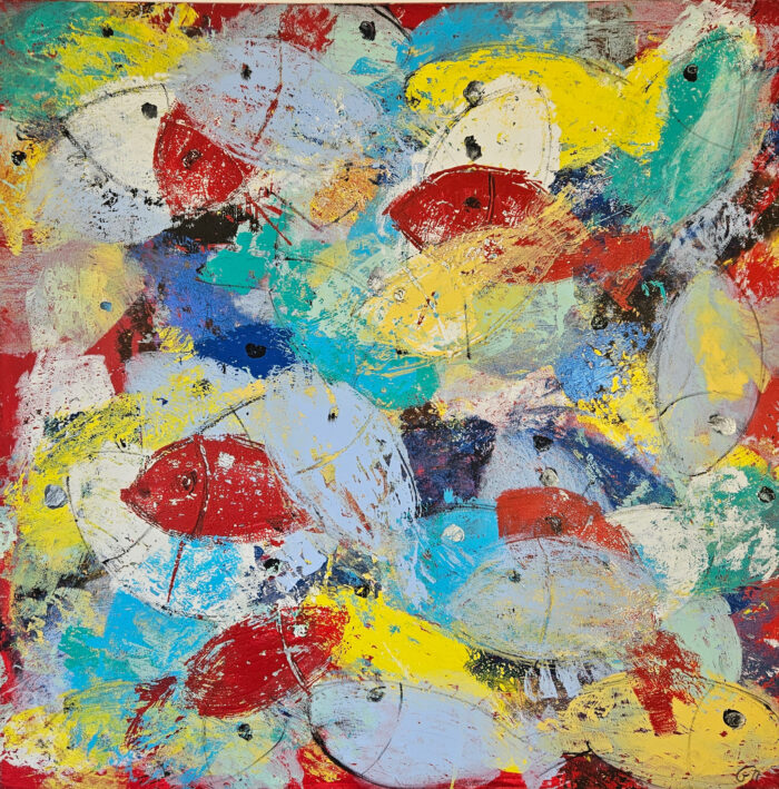 Poissons multicolores peinture acrylique sur toile 100x100cm