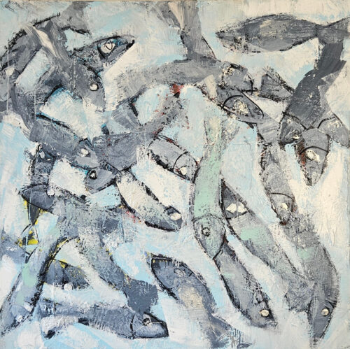 Poisson gris foncé sur fond bleu clair peinture acrylique sur toile 100x100cm