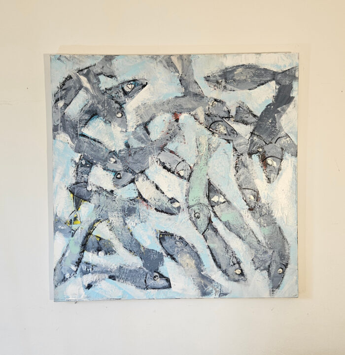 Poisson gris foncé sur fond bleu clair peinture acrylique sur toile 100x100cm – Image 2