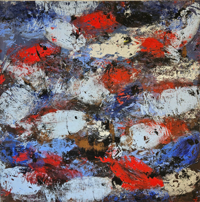 Les poissons bleus, rouges, noirs peinture acrylique sur toile 100x100cm