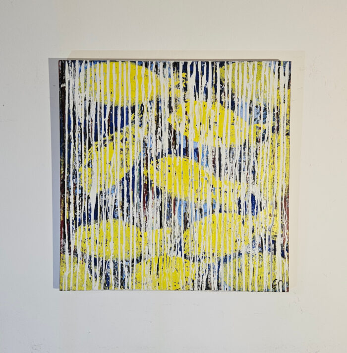 Poisson strié jaune peinture acrylique sur toile 80x80cm – Image 2