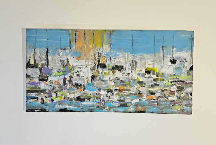 Voiliers sur mer 1 collage papier et peinture acrylique figurative moderne sur toile 100x50cm – Image 2