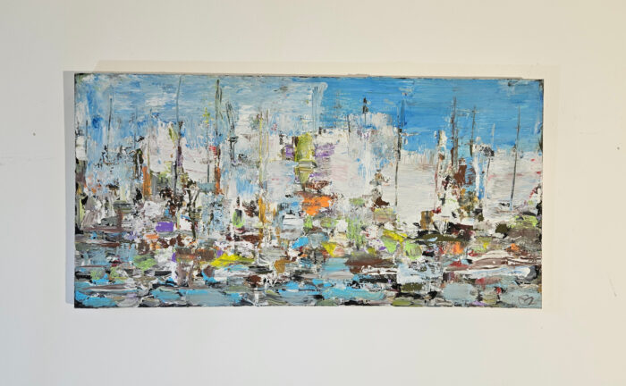 Voiliers sur mer 2 collage papier et peinture acrylique figurative moderne sur toile 100x50cm – Image 2