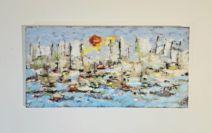 Voiliers sur mer 3 collage papier et peinture acrylique figurative moderne sur toile 100x50cm – Image 2