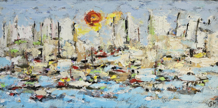 Voiliers sur mer 3 collage papier et peinture acrylique figurative moderne sur toile 100x50cm