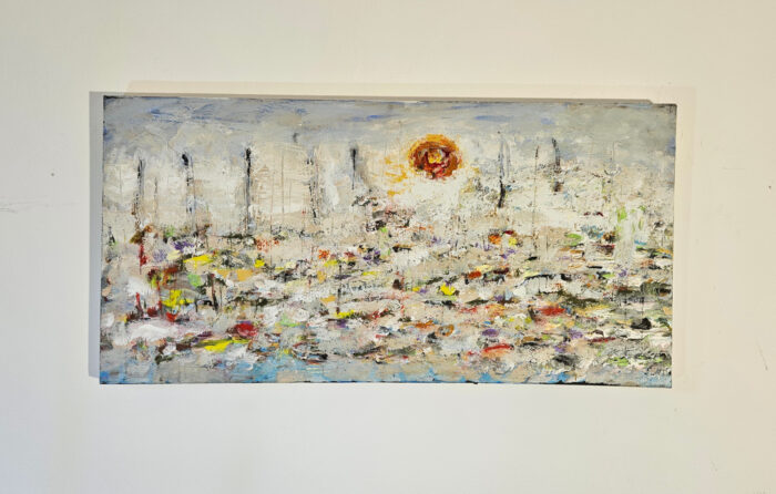Voiliers sur mer 4 collage papier et peinture acrylique figurative moderne sur toile 100x50cm – Image 2