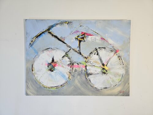 Vélo noir et rose peinture acrylique sur toile 116x89cm