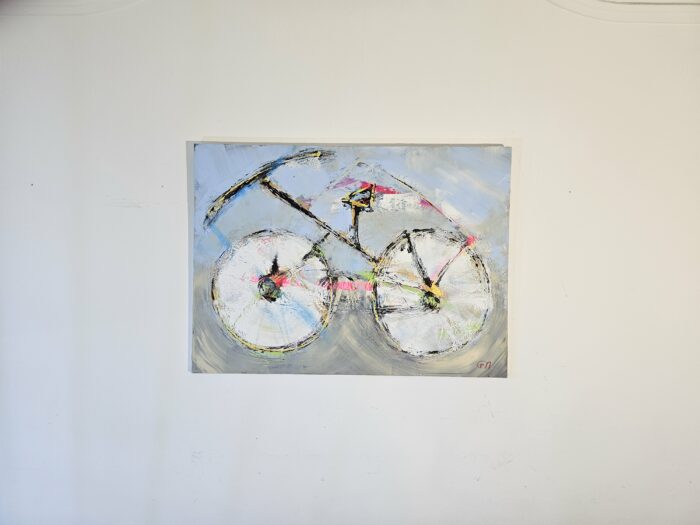 Vélo noir et rose peinture acrylique sur toile 116x89cm – Image 2