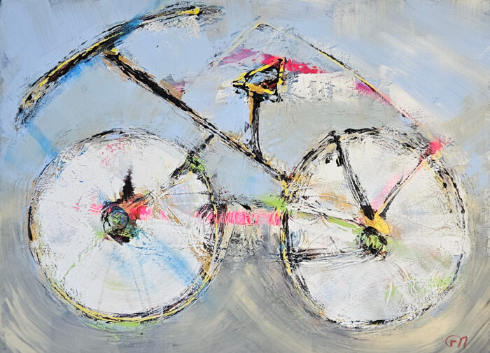 Vélo noir et rose peinture acrylique moderne sur toile 116x89cm