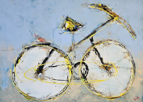 Vélo jaune et noir peinture acrylique moderne sur toile 116x89cm
