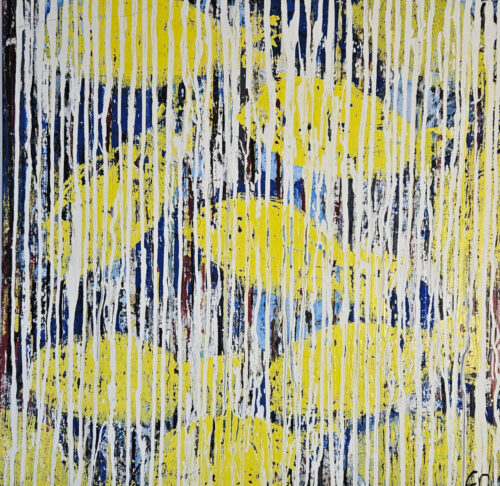Poisson strié jaune peinture acrylique sur toile 80x80cm