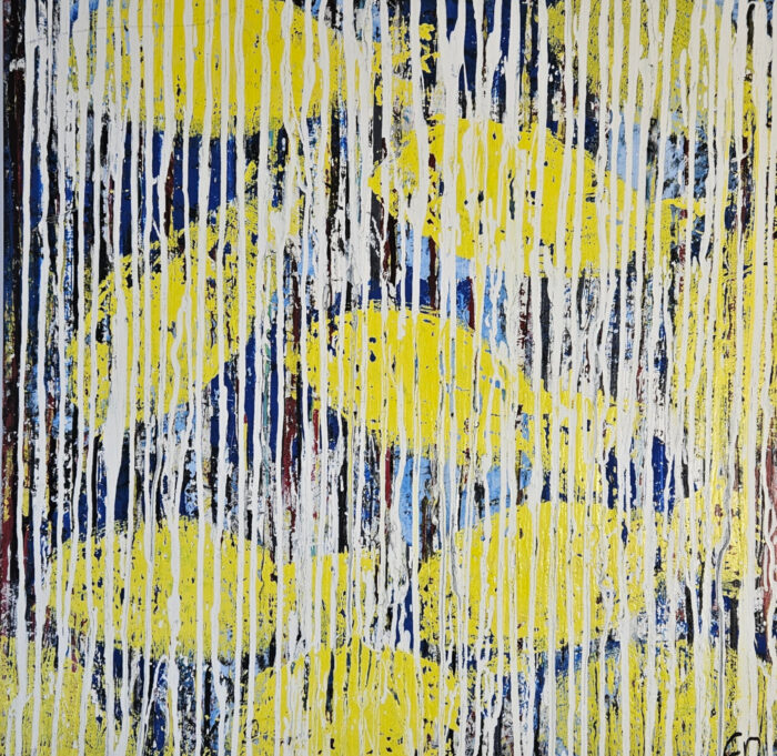 Poisson strié jaune peinture acrylique sur toile 80x80cm