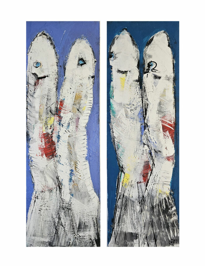 Diptyque sardines sur fond bleu peinture acrylique sur toile 2 fois 40x120cm