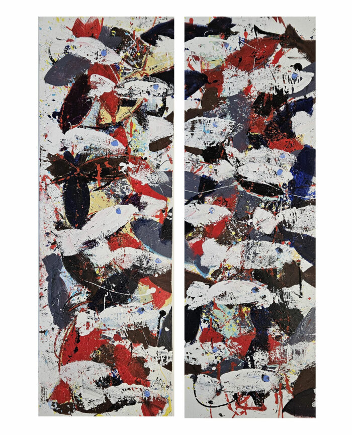 Diptyque sardines sur fond bleu peinture acrylique sur toile 2 fois 40x120cm (Copie)