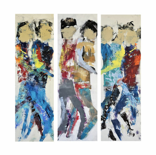 Hommes qui marchent triptyque peinture acrylique sur toile 3 fois 40x120cm