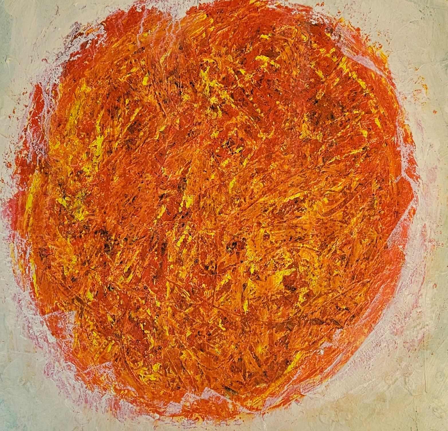 Big Bang abstrait orange sur fond ivoire peinture acrylique sur toile 100x100cm – Image 4