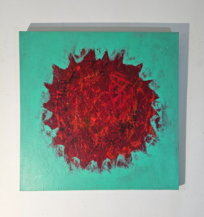 Big bang rouge sur fond vert peinture acrylique sur toile 80x80cm – Image 2