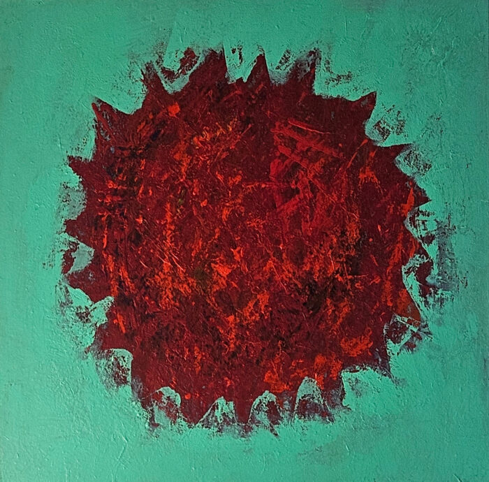 Big bang rouge sur fond vert peinture acrylique sur toile 80x80cm