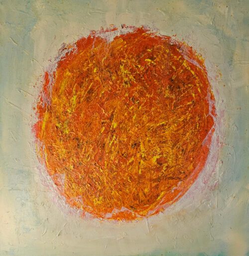 Big Bang orange sur fond ivoire peinture acrylique sur toile 100x100cm