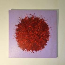 Big Bang abstrait rouge sur fond violet 2 peinture acrylique sur toile 100x100cm – Image 2