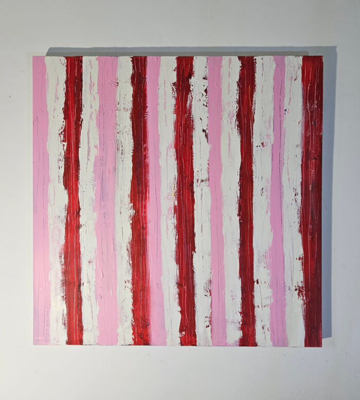 Bandes rouges roses : peinture acrylique contemporaine sur toile 100x100cm – Image 2