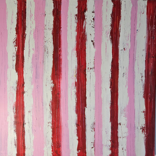 Bandes rouges roses : peinture acrylique contemporaine sur toile 100x100cm