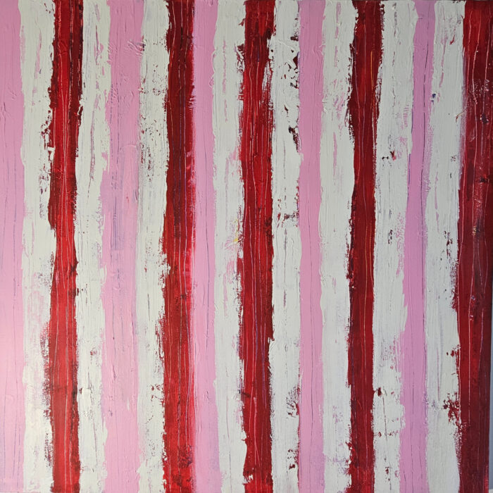 Bandes rouges roses : peinture acrylique contemporaine sur toile 100x100cm