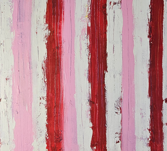 Bandes rouges roses : peinture acrylique contemporaine sur toile 100x100cm – Image 3