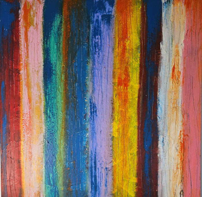 Bandes larges couleur flashy : peinture acrylique contemporaine sur toile 100x100cm