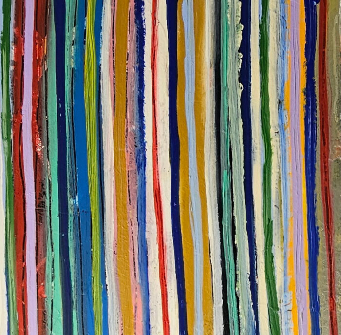 Bandes fines multicolores : peinture acrylique contemporaine sur toile 100x100cm – Image 3