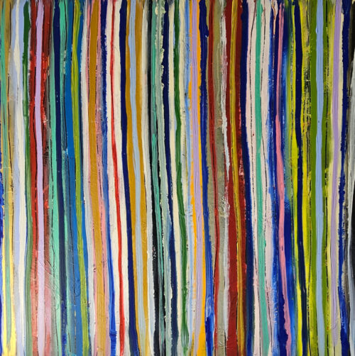 Bandes fines multicolores : peinture acrylique contemporaine sur toile 100x100cm
