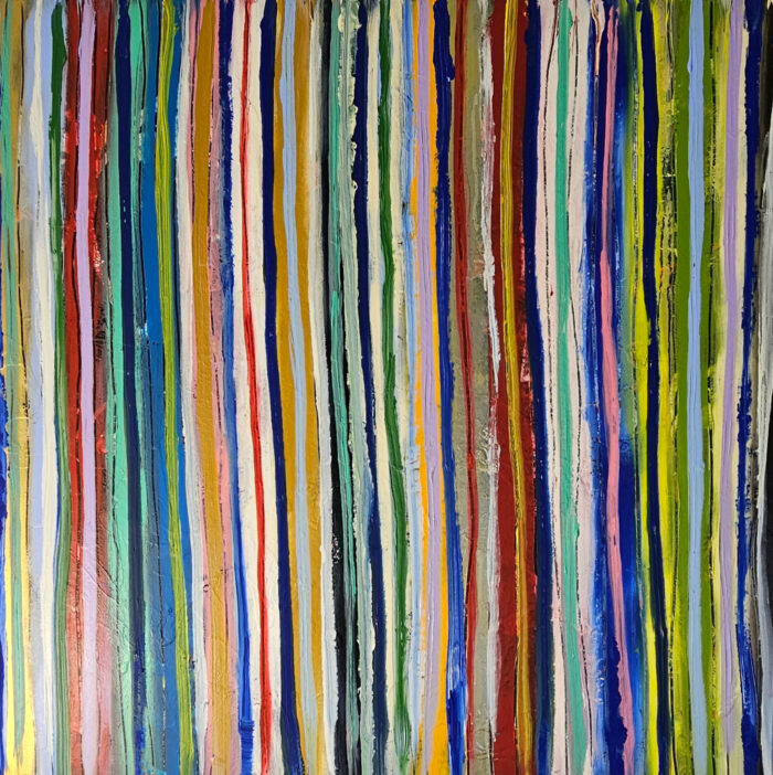 Bandes fines multicolores : peinture acrylique contemporaine sur toile 100x100cm