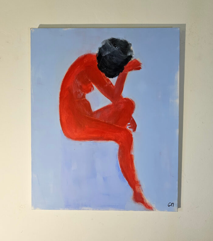 Femme rouge nue sur fond bleu peinture acrylique sur toile 100x81cm – Image 2