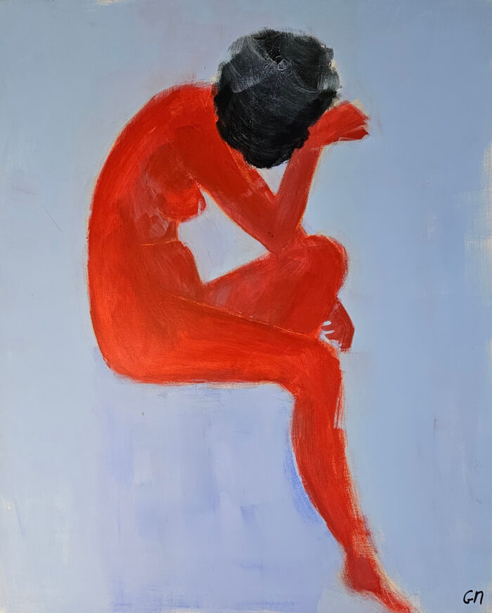 Femme rouge nue sur fond bleu peinture acrylique sur toile 100x81cm